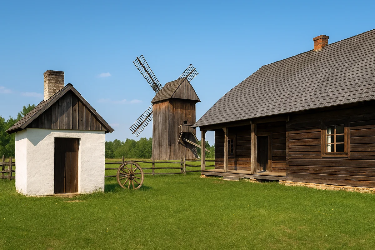 Traditional wooden buildings at Tokarnia Open-Air Museum