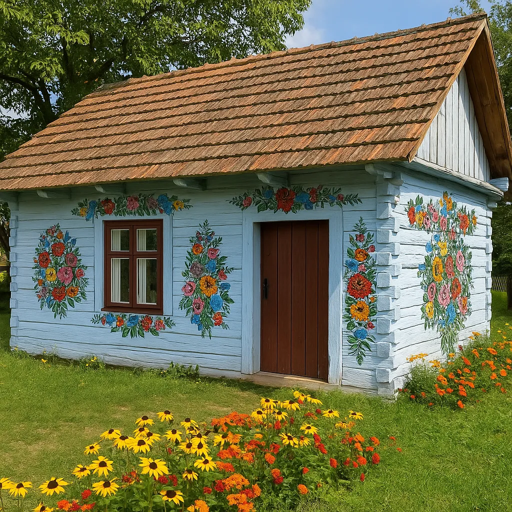 Traditional Polish folk art floral patterns on buildings in Zalipie